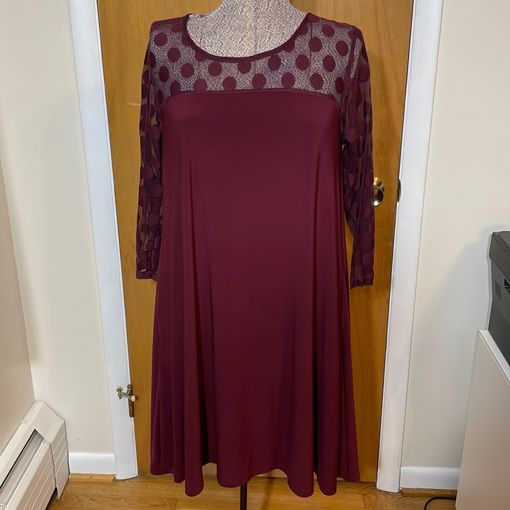 Nina Leonard Womens Large Burgundy Dress Sheer Top with Polka Dots